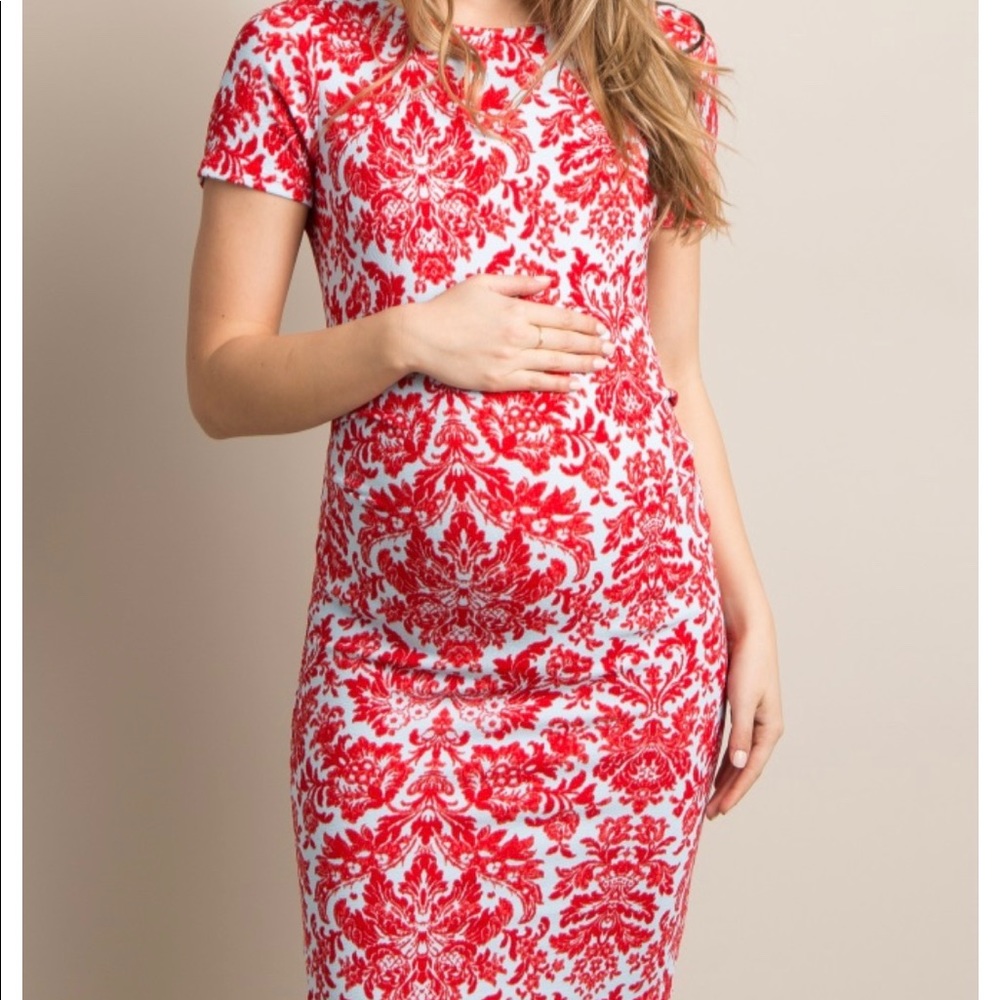 Red Aqua Fitted Damask Maternity Dress